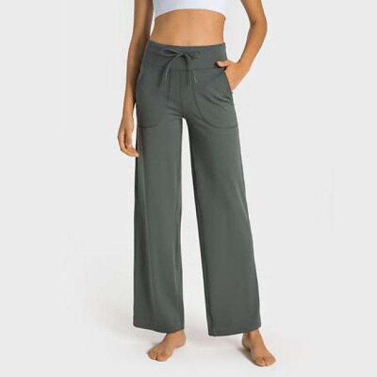 Yoga Side Pocket Pants Women Drawstring Wide Leg High Waist Squat Proof Clothes