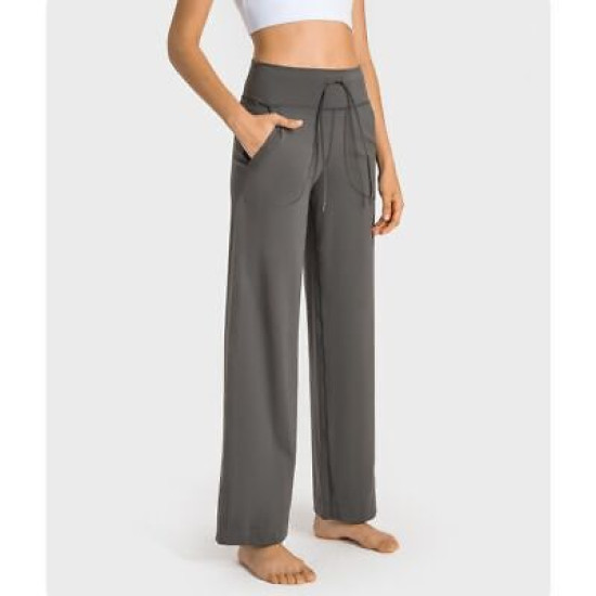 Yoga Side Pocket Pants Women Drawstring Wide Leg High Waist Squat Proof Clothes