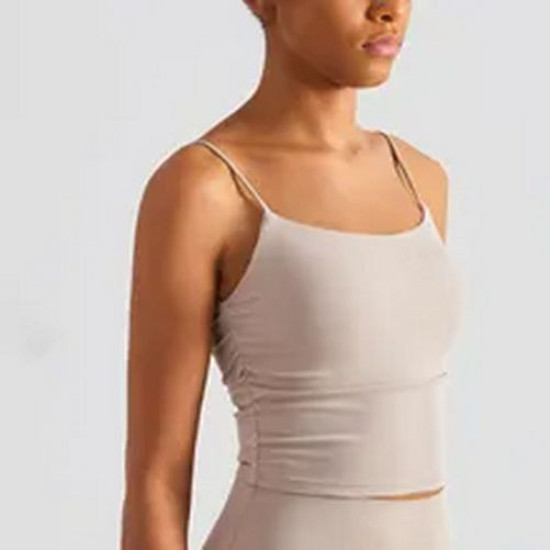 Workout Women Sports Bra Yoga Crop Tops Spaghetti Straps Padded Solid Side Pleat