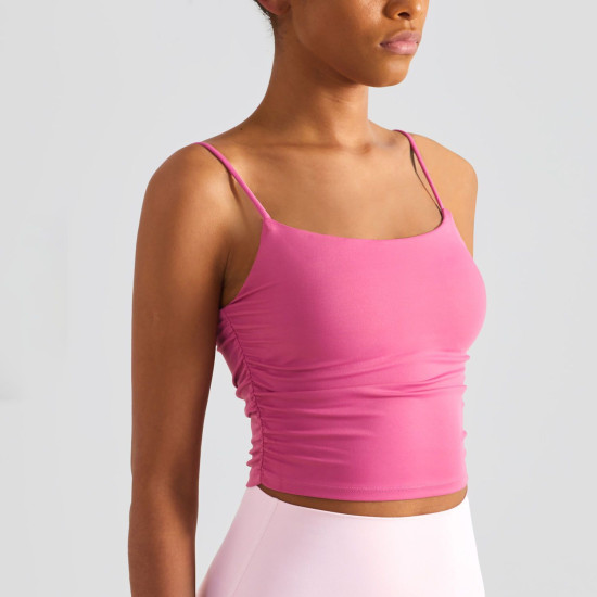 Workout Women Sports Bra Yoga Crop Tops Spaghetti Straps Padded Solid Side Pleat