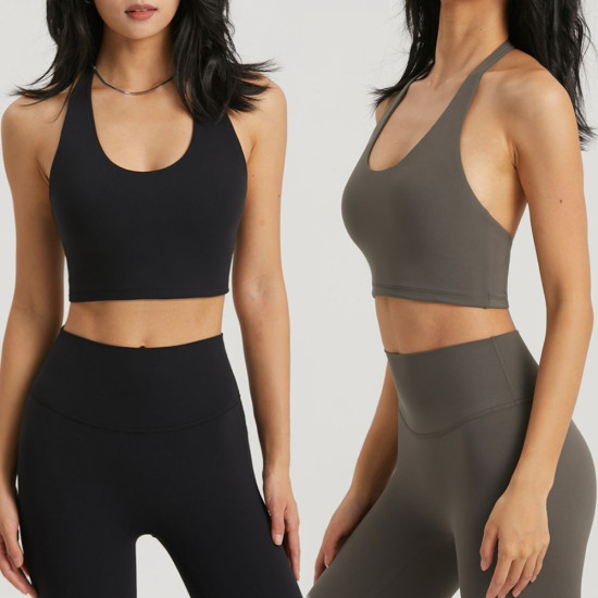 Hanging Neck Sports Bra Women Gym Semi Fixed Cups Top Fitness Push Up Activewear