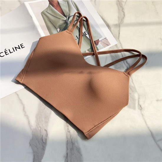 Women Strappy Yoga Bra Activewear Solid Criss Cross Strap Wireless Athletic Tops