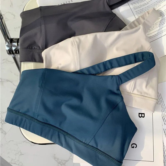 Women Sports Yoga Bra Stretch Back Running With Removable Cups One Shoulder Tops