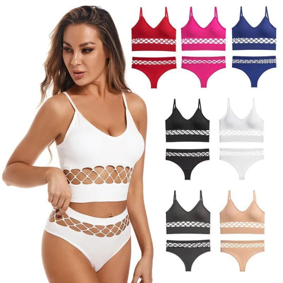 Seamless Women Bras Panties Set Underwear Mesh Hollow Out Wire Free Solid Undies