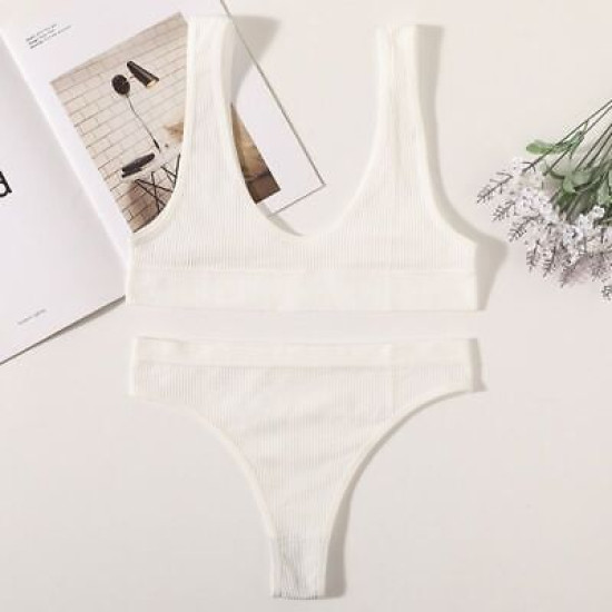 Women Seamless Bra Brief Set Low Waist G Strings Cotton Wireless Ribbed Bralette