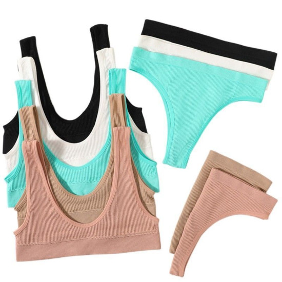 Women Seamless Bra Brief Set Low Waist G Strings Cotton Wireless Ribbed Bralette