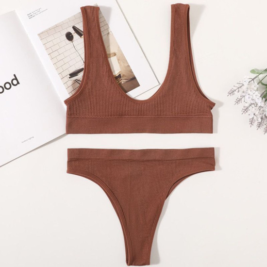 Women Seamless Bra Brief Set Low Waist G Strings Cotton Wireless Ribbed Bralette