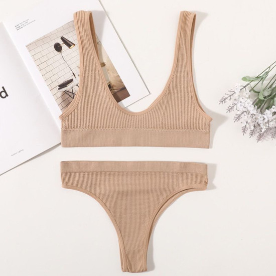 Women Seamless Bra Brief Set Low Waist G Strings Cotton Wireless Ribbed Bralette