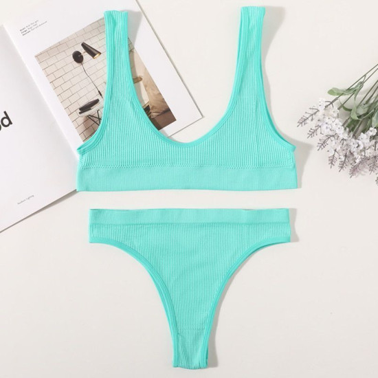 Women Seamless Bra Brief Set Low Waist G Strings Cotton Wireless Ribbed Bralette