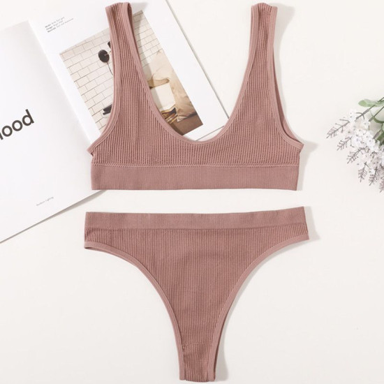 Women Seamless Bra Brief Set Low Waist G Strings Cotton Wireless Ribbed Bralette