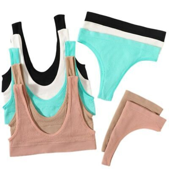 Women Seamless Bra Brief Set Low Waist G Strings Cotton Wireless Ribbed Bralette