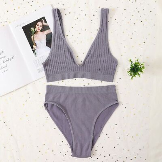 Seamless Women Bra Panties Set High Waist Brief Deep V Bralette Ribbed Brassiere