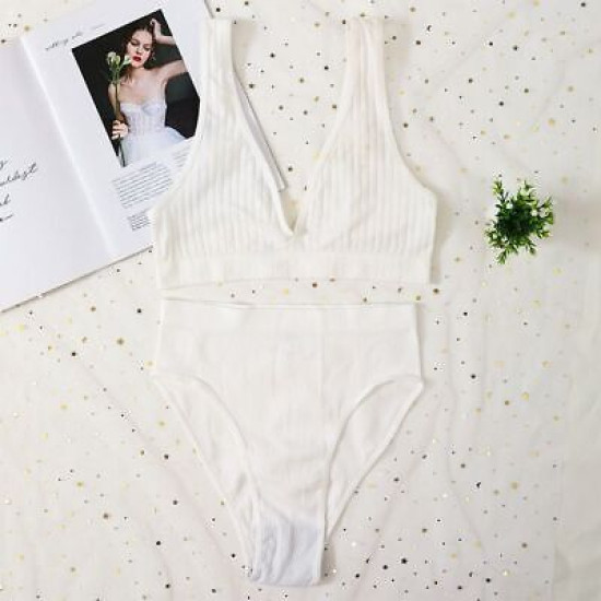 Seamless Women Bra Panties Set High Waist Brief Deep V Bralette Ribbed Brassiere