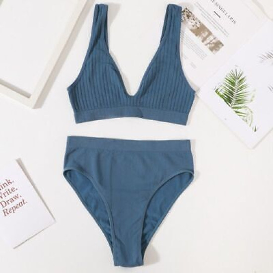 Seamless Women Bra Panties Set High Waist Brief Deep V Bralette Ribbed Brassiere