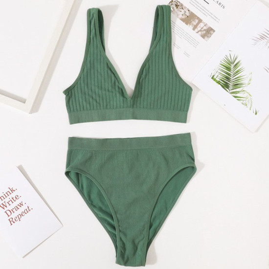 Seamless Women Bra Panties Set High Waist Brief Deep V Bralette Ribbed Brassiere