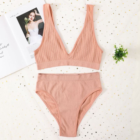 Seamless Women Bra Panties Set High Waist Brief Deep V Bralette Ribbed Brassiere