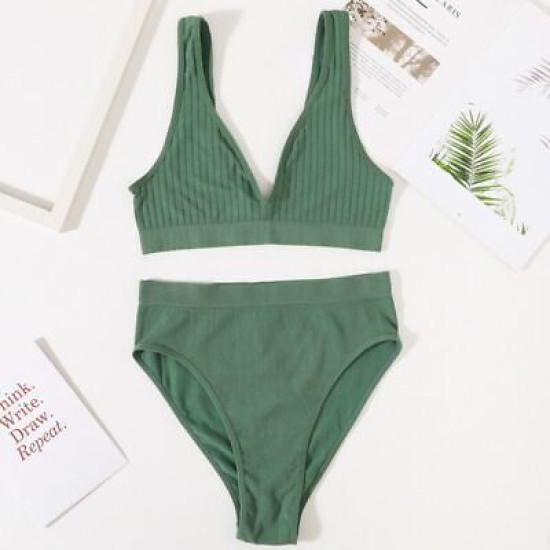 Seamless Women Bra Panties Set High Waist Brief Deep V Bralette Ribbed Brassiere