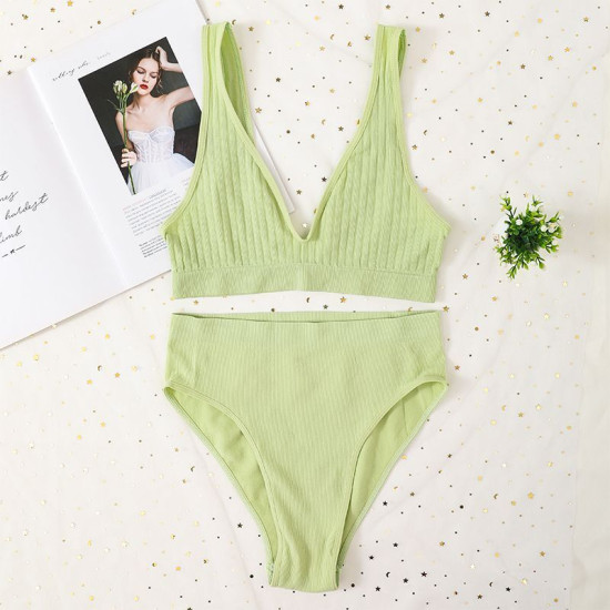 Seamless Women Bra Panties Set High Waist Brief Deep V Bralette Ribbed Brassiere