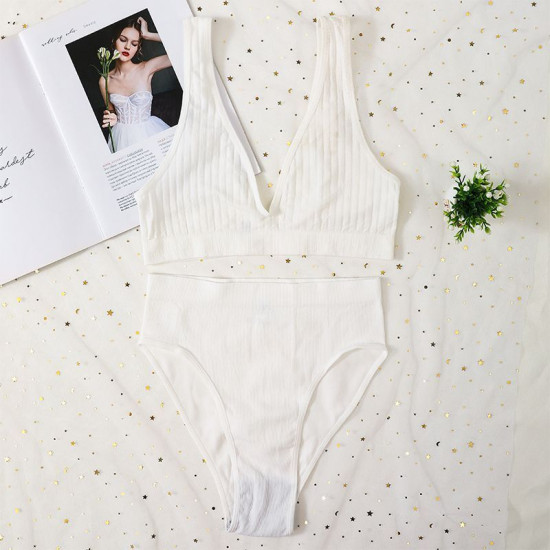 Seamless Women Bra Panties Set High Waist Brief Deep V Bralette Ribbed Brassiere