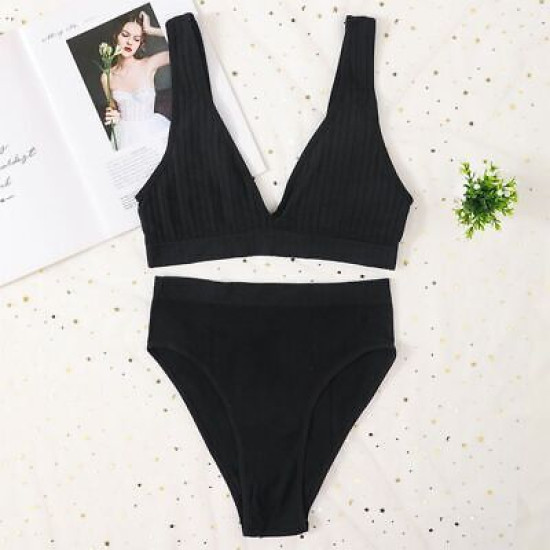 Seamless Women Bra Panties Set High Waist Brief Deep V Bralette Ribbed Brassiere